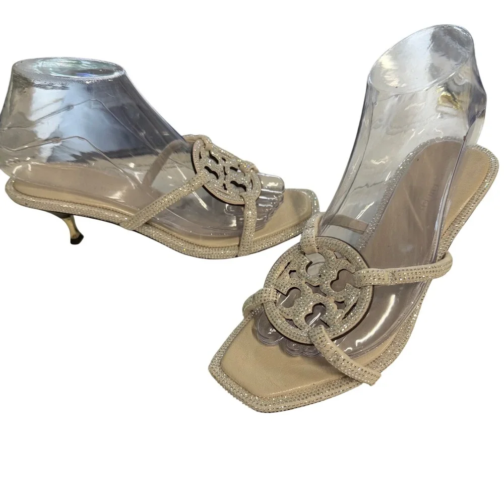 Tory Burch Miller‎ Crystal Sandals Women 7M Kitten Heel Logo Guest Rhinestone